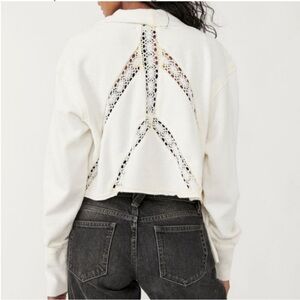 New FREE PEOPLE Lost Cause Off Jacket White Yellow Crochet Lace French Terry